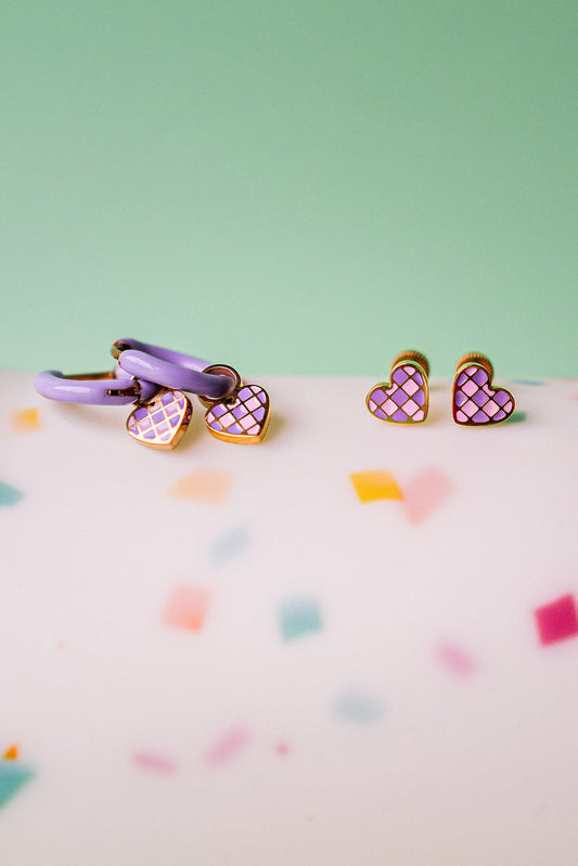 Checkered Purple Heart Studs