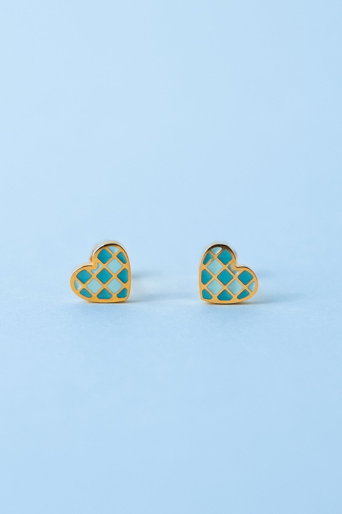 Checkered Blue Heart Studs
